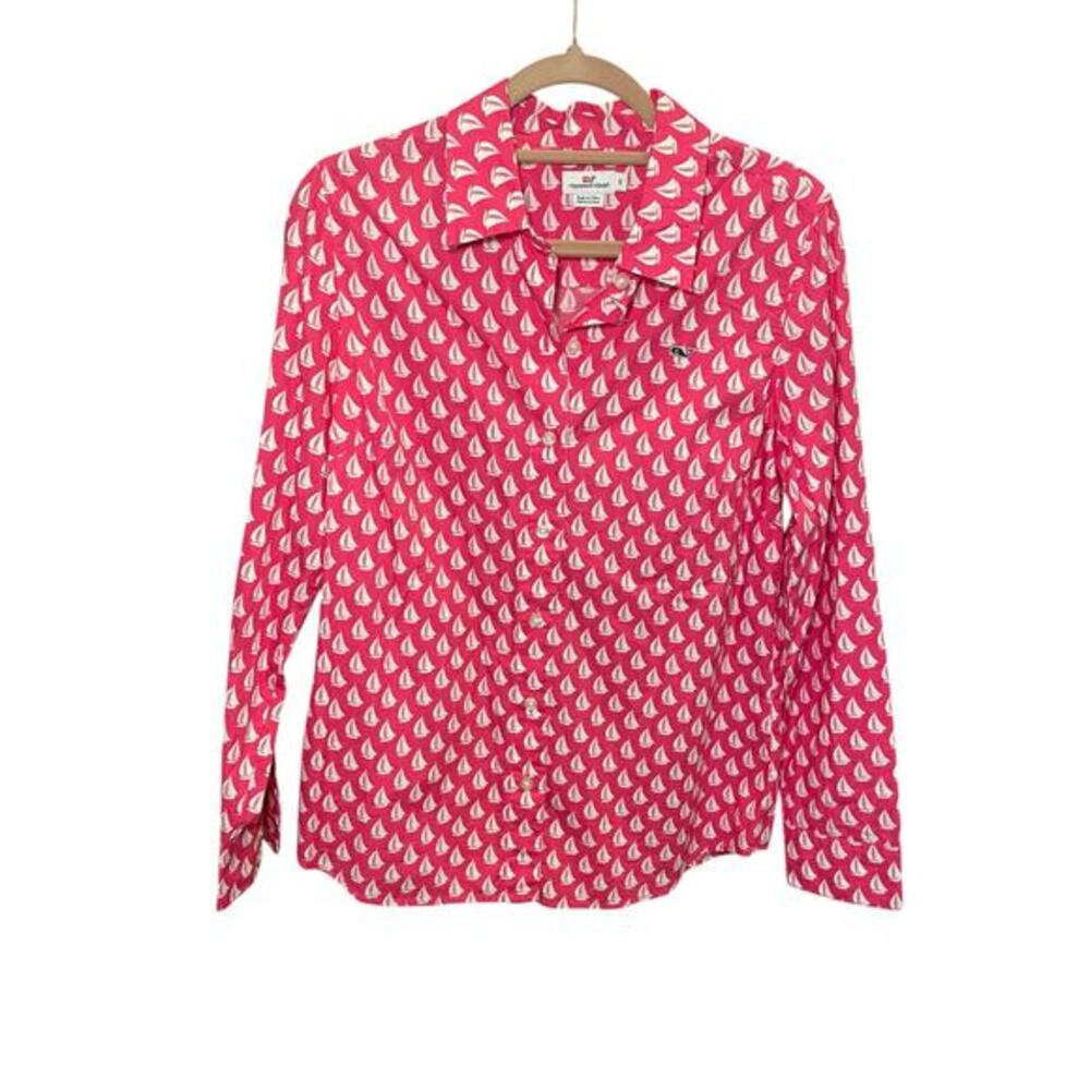 Vineyard Vines Women 6 Button‎ Up Shirt Long Sleeve Sailboat Pink White Preppy